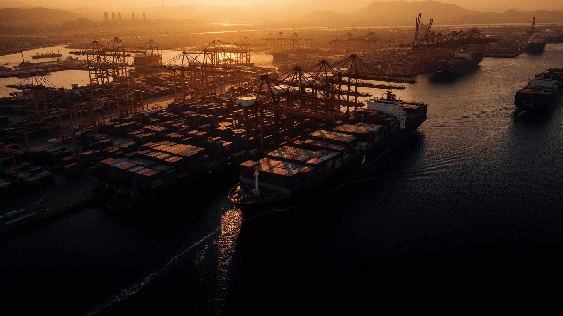 Container port at golden hour