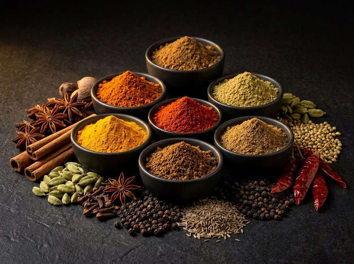 Assorted ground and whole Indian spices